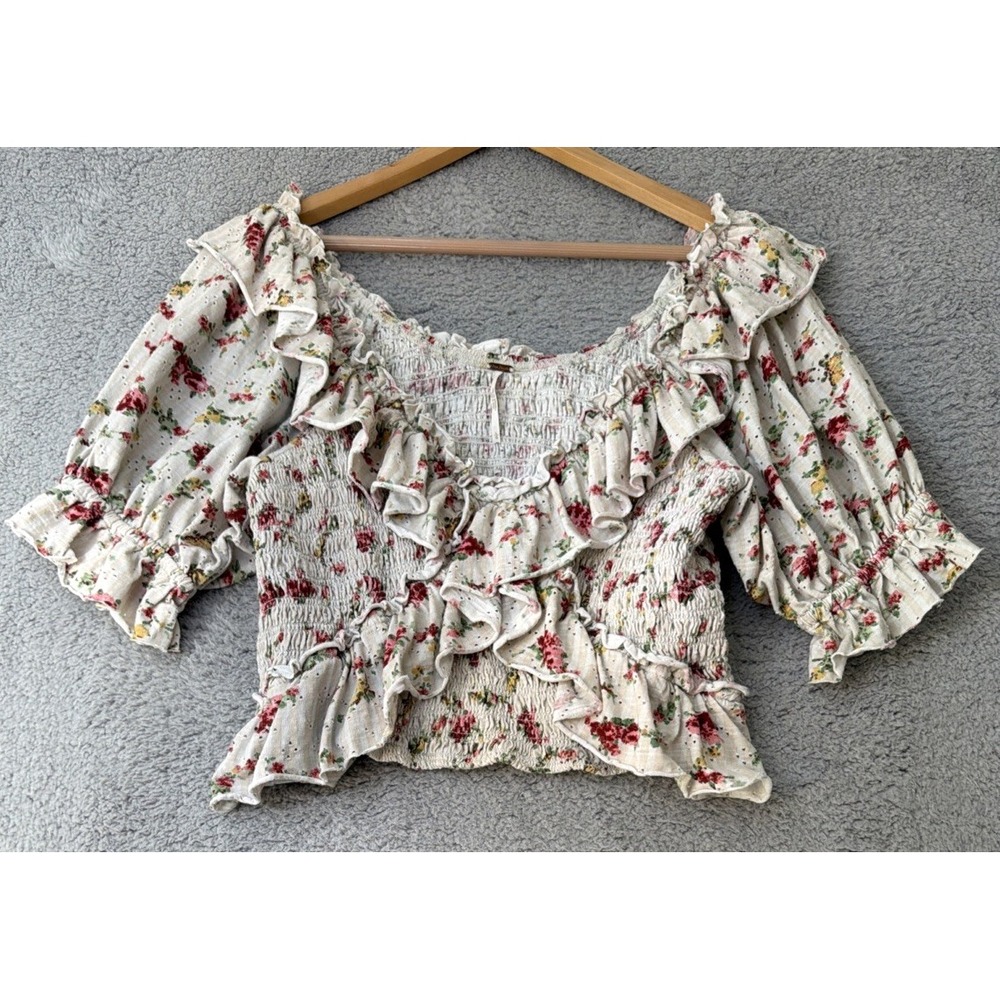 Free People Blouse Top Size Large Floral Smocked Ruffle Fairy Cottagecore Boho